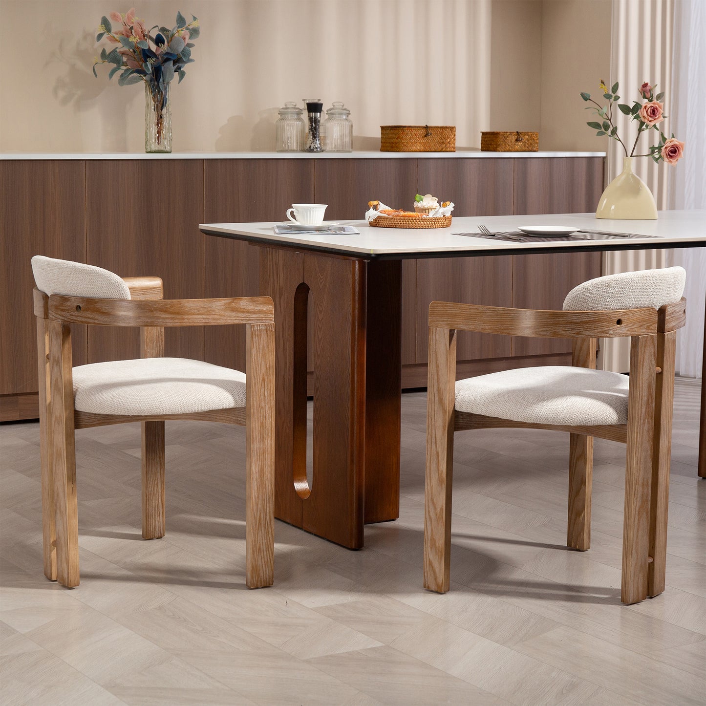 Set of 2 Berne Beige Washed Fabric Dining Chair with Natural Wood Arms and Legs