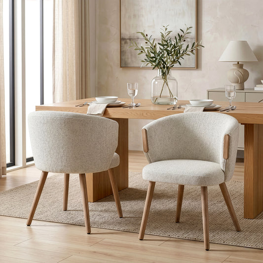 Set of 2 Bernice Beige Washed Boucle Fabric Dining Chair with Natural Wood Arms and Legs