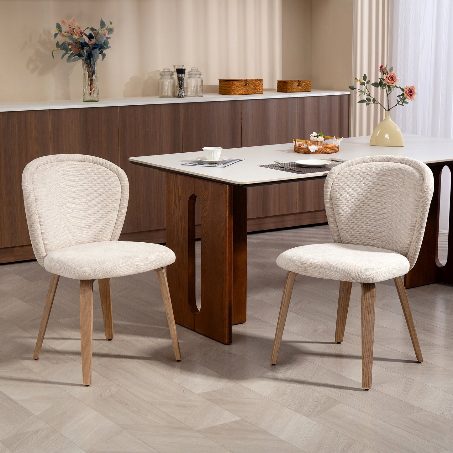 Set of 2 Bernt Beige Washed Woven Fabric Dining Chair with Natural Wood Legs