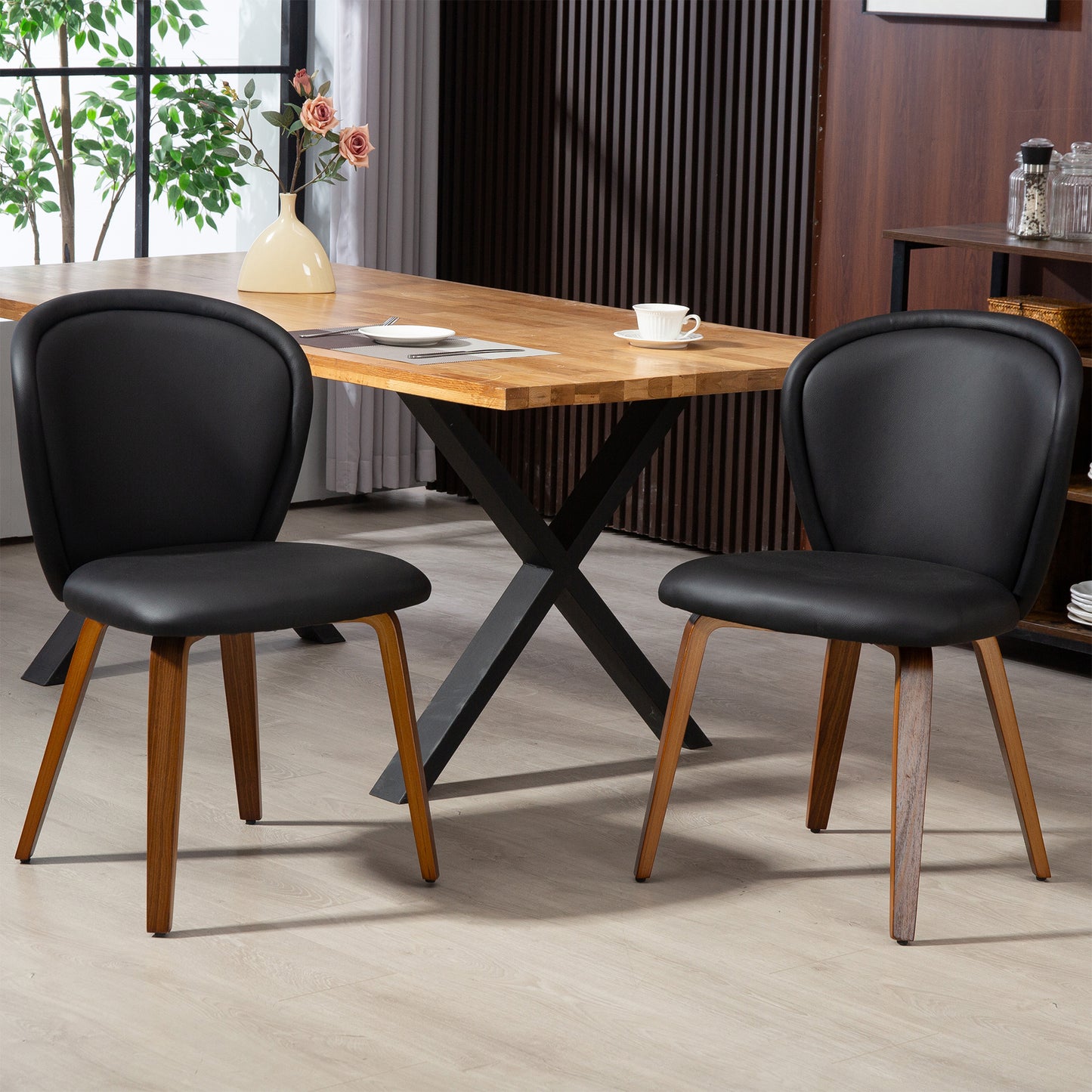 Set of 2 Bexter Black Faux Leather Dining Chair with Walnut Wood Legs