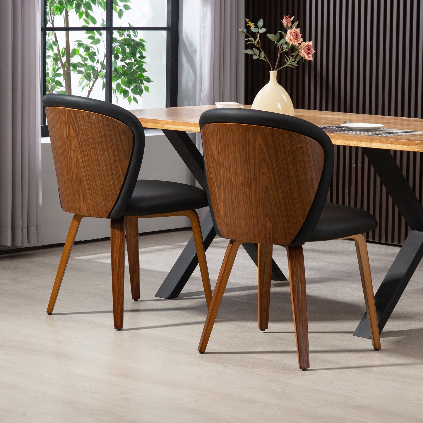 Set of 2 Bexter Black Faux Leather Dining Chair with Walnut Wood Legs
