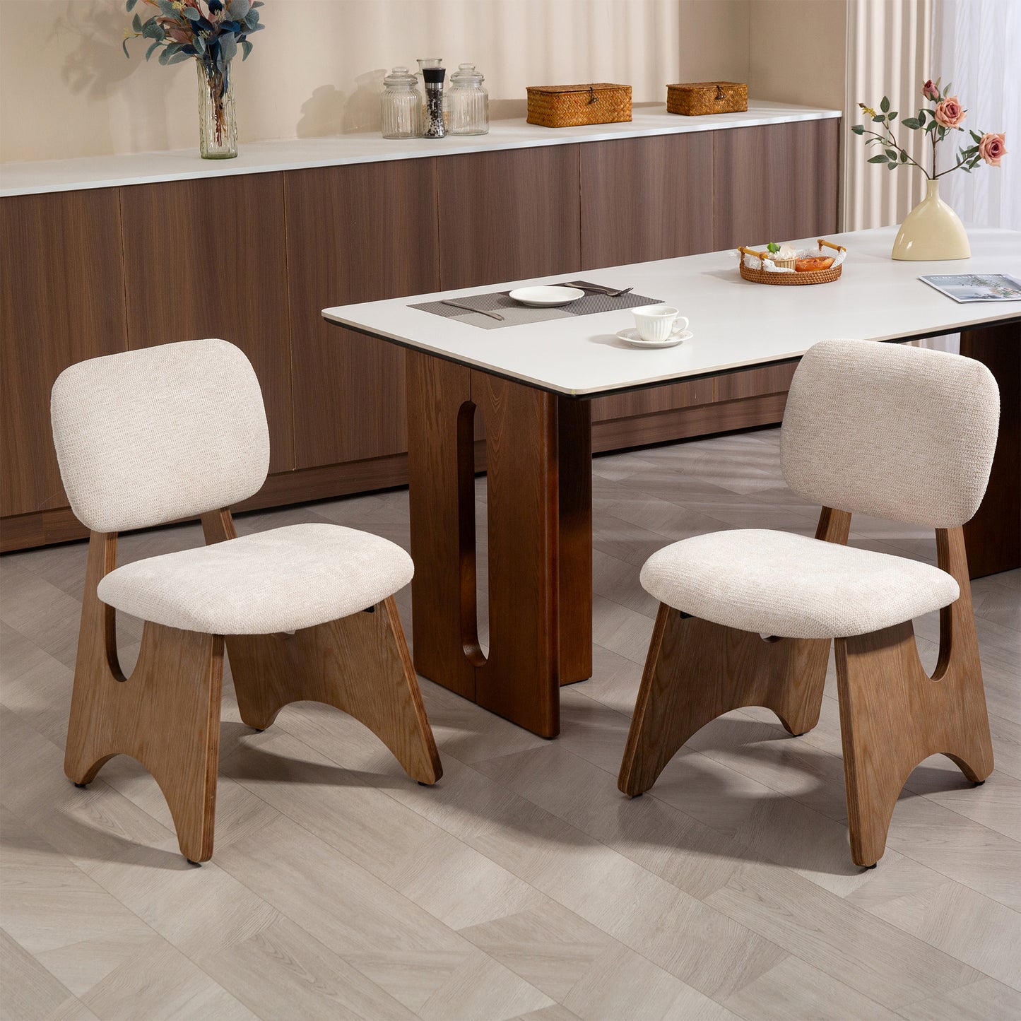 Bertille Beige Washed Woven Fabric Dining Chair with Accent Walnut Legs