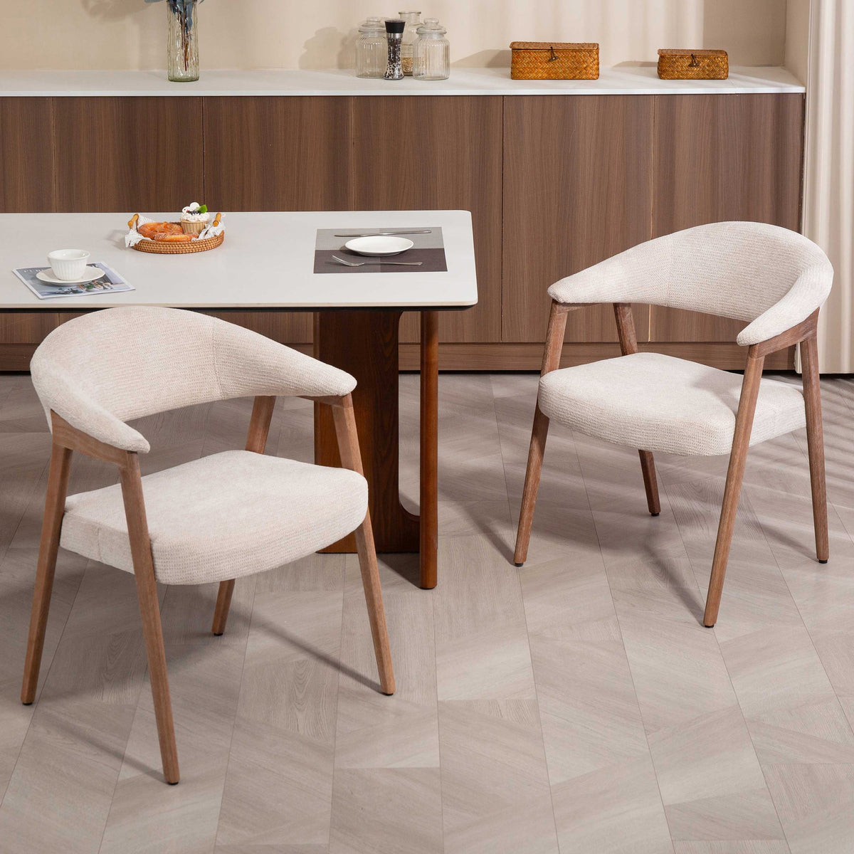 Berwyn Beige Washed Woven Fabric Dining Chair with Walnut Wood Accent Arms and Legs