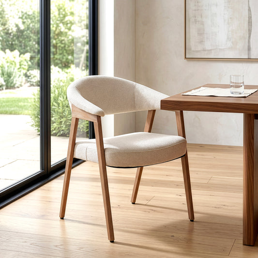Berwyn Beige Washed Woven Fabric Dining Chair with Walnut Wood Accent Arms and Legs