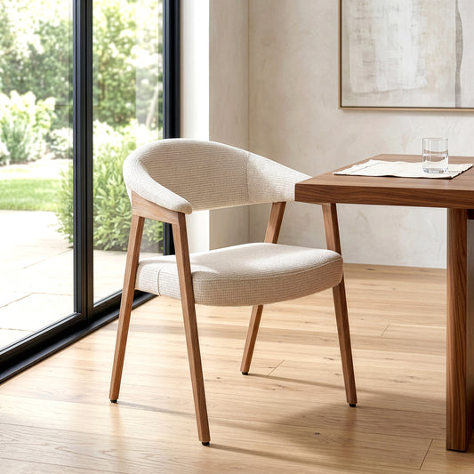 Berwyn Beige Washed Woven Fabric Dining Chair with Walnut Wood Accent Arms and Legs