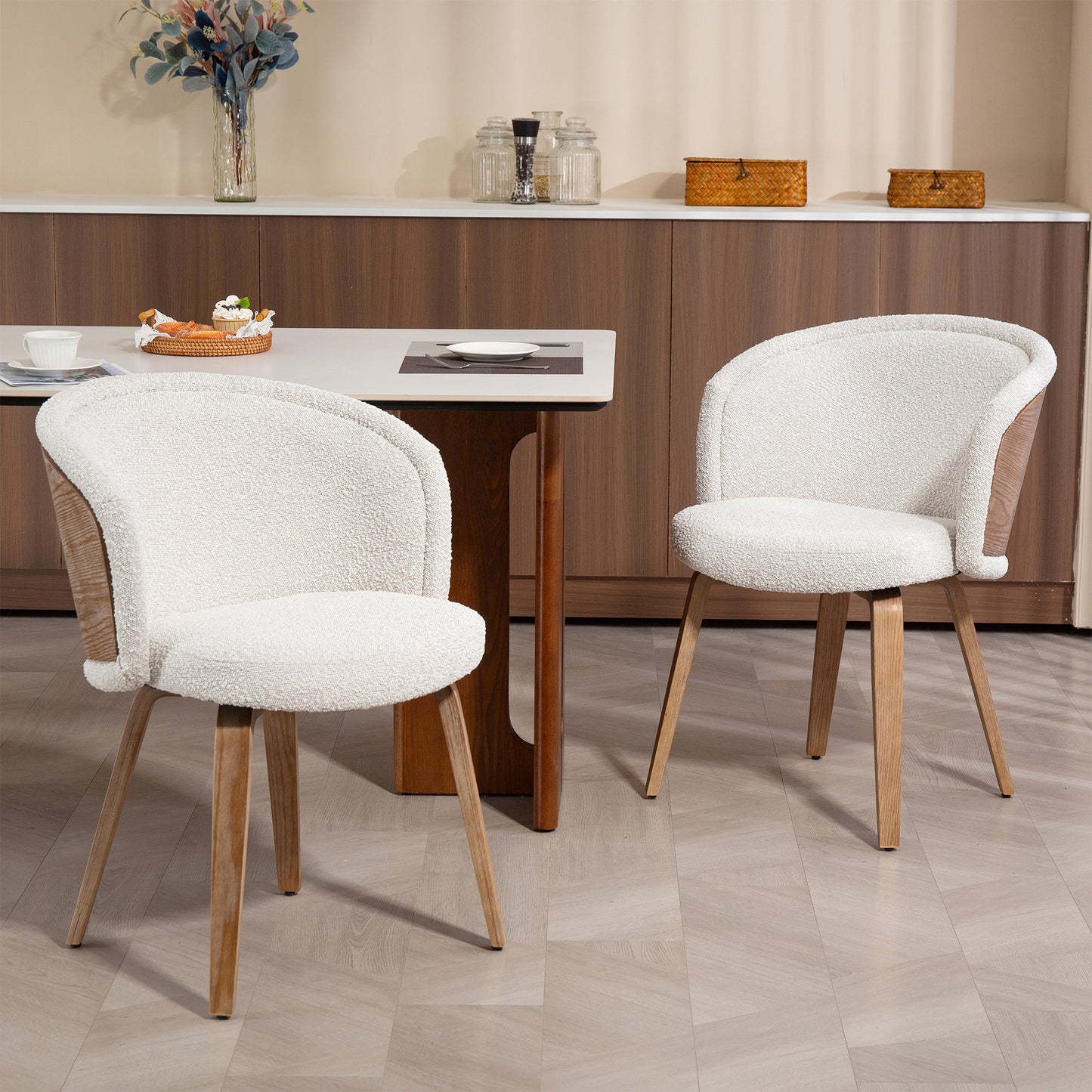 Set of 2 Beryl White Washed Boucle Fabric Dining Chair with Natural Wood Legs