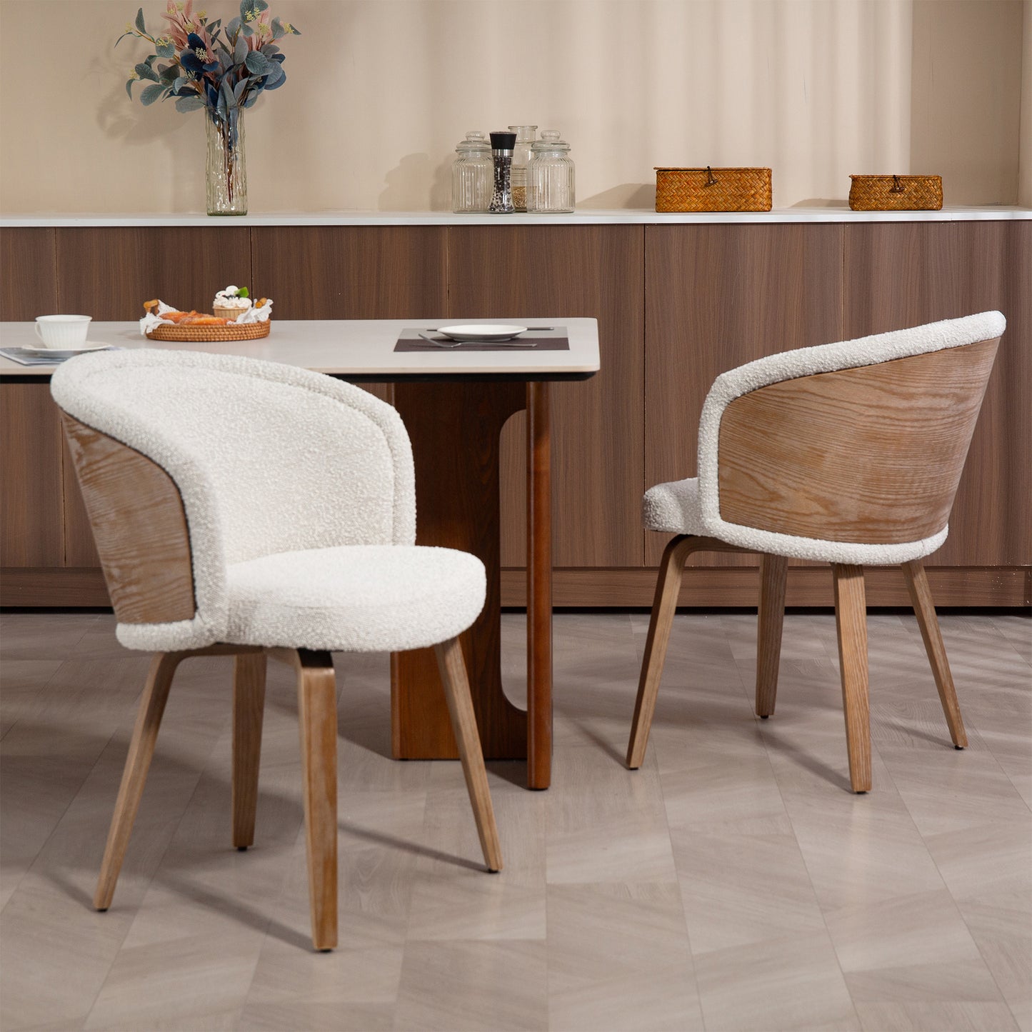 Set of 2 Beryl White Washed Boucle Fabric Dining Chair with Natural Wood Legs