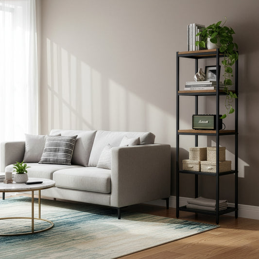 Ailis 57" Brown Pine Wood Metal Frame Etagere Bookcase Shelf Media Center