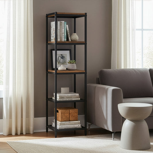Ailis 57" Brown Pine Wood Metal Frame Etagere Bookcase Shelf Media Center
