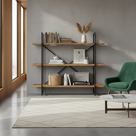 Ailis 56" Brown Pine Wood Metal Frame Etagere Three Wide Shelf Bookcase Media Center