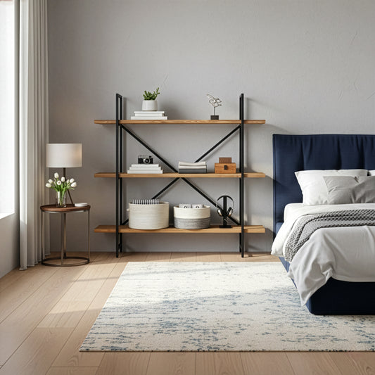 Ailis 56" Brown Pine Wood Metal Frame Etagere Three Wide Shelf Bookcase Media Center