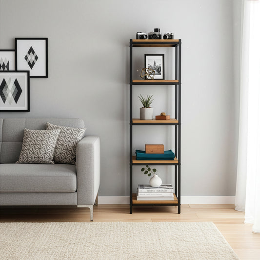 Ailis 57" Brown Pine Wood Shelf Etagere Bookcase Media Center with Metal Frame