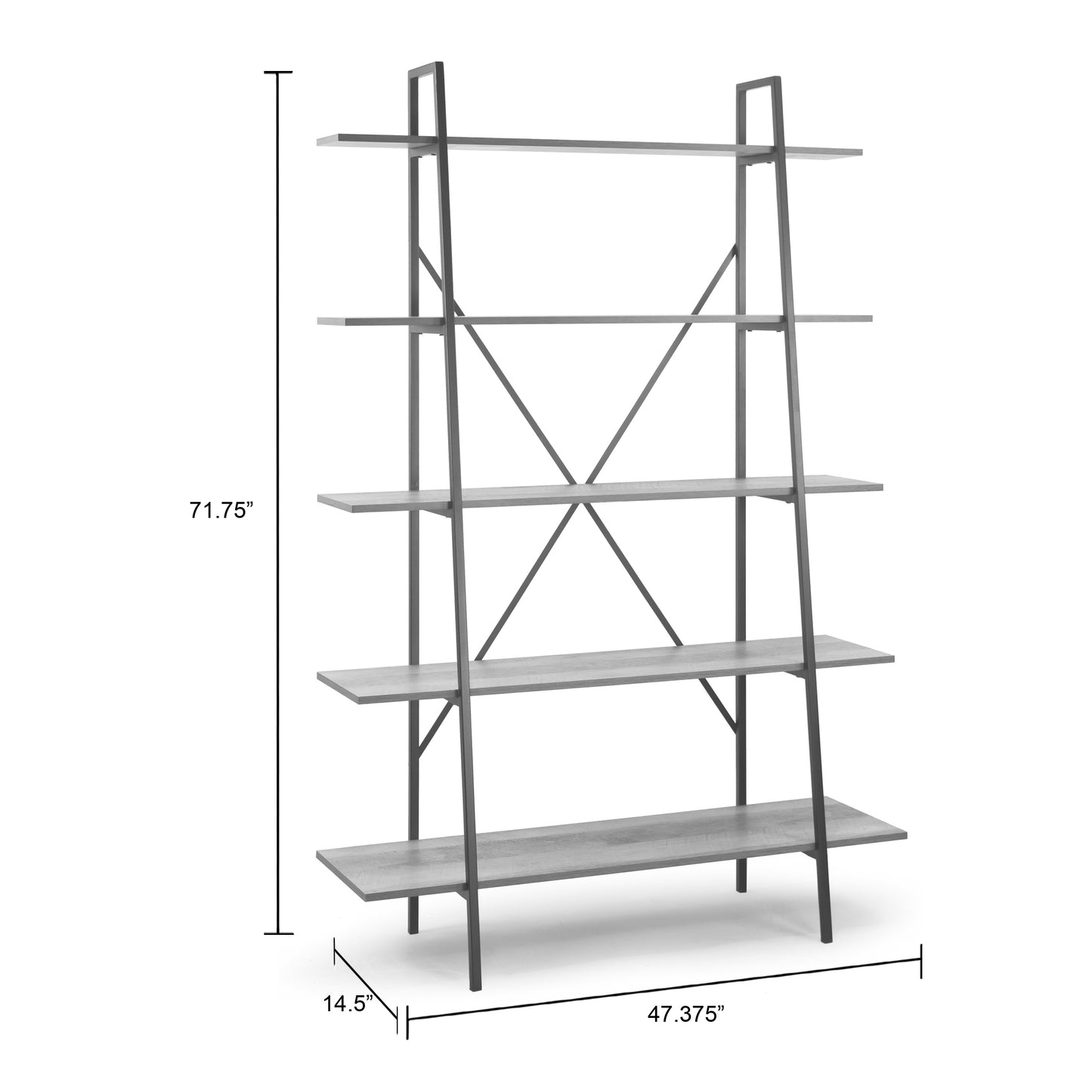August 71.75 In. Leaning Etagere Light Brown Metal Frame Ladder Bookcase Five-shelf Media Tower