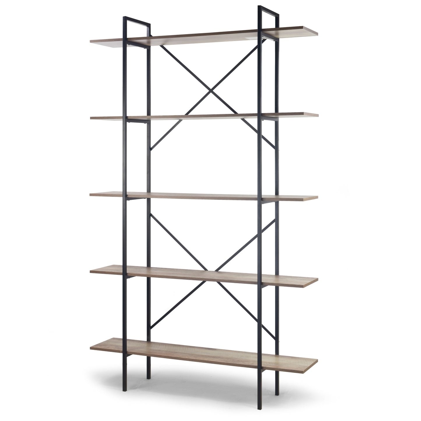August 84.75 In. Metal Frame Light Brown Etagere Bookcase Five-shelf Media Center