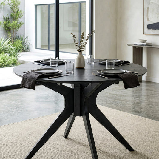 Blair Black Wash Round Wood Dining Table with Starburst Style Base