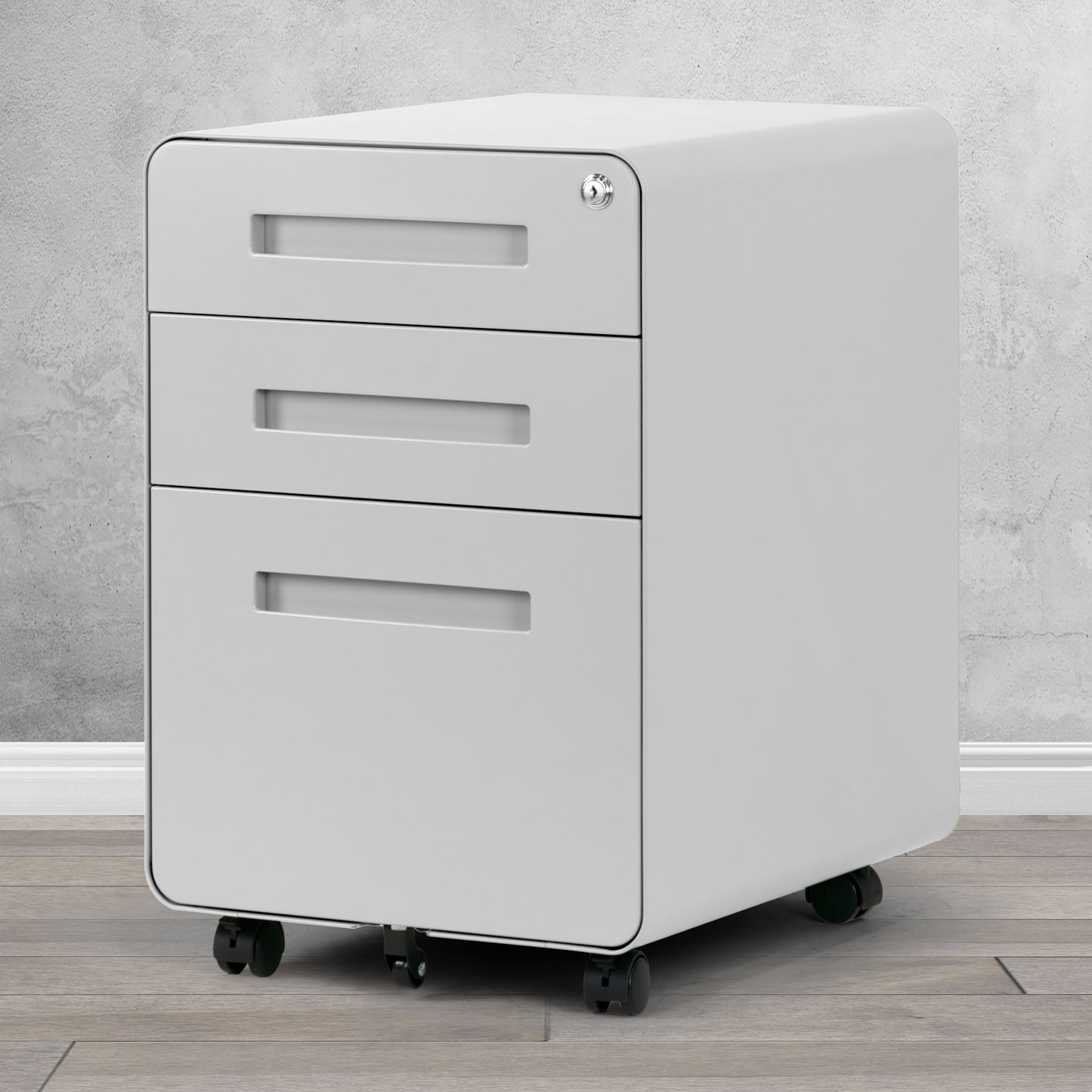 Aviya White 3-Drawer File Cabinet with lock and Wheels