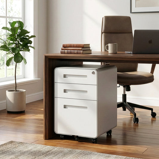 Aviya White 3-Drawer File Cabinet with lock and Wheels