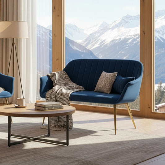 Angela Blue Velvet Loveseat with Golden Metal Legs Stitching Accent