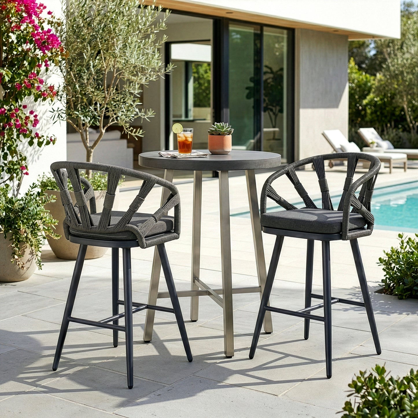 Set of 2 Birre Grey Outdoor Counter Height Stool with Hand-Woven Back
