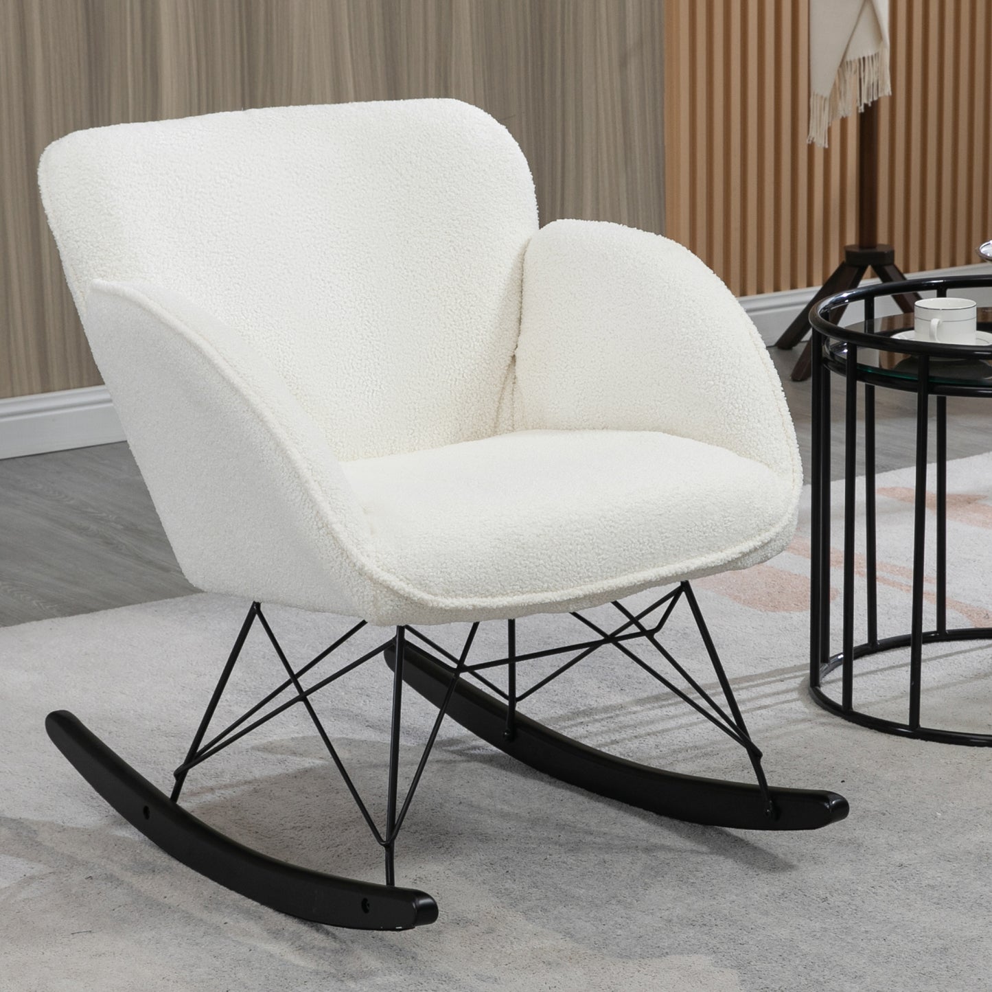 Ayan White Boucle Rocking Chair with Black Legs