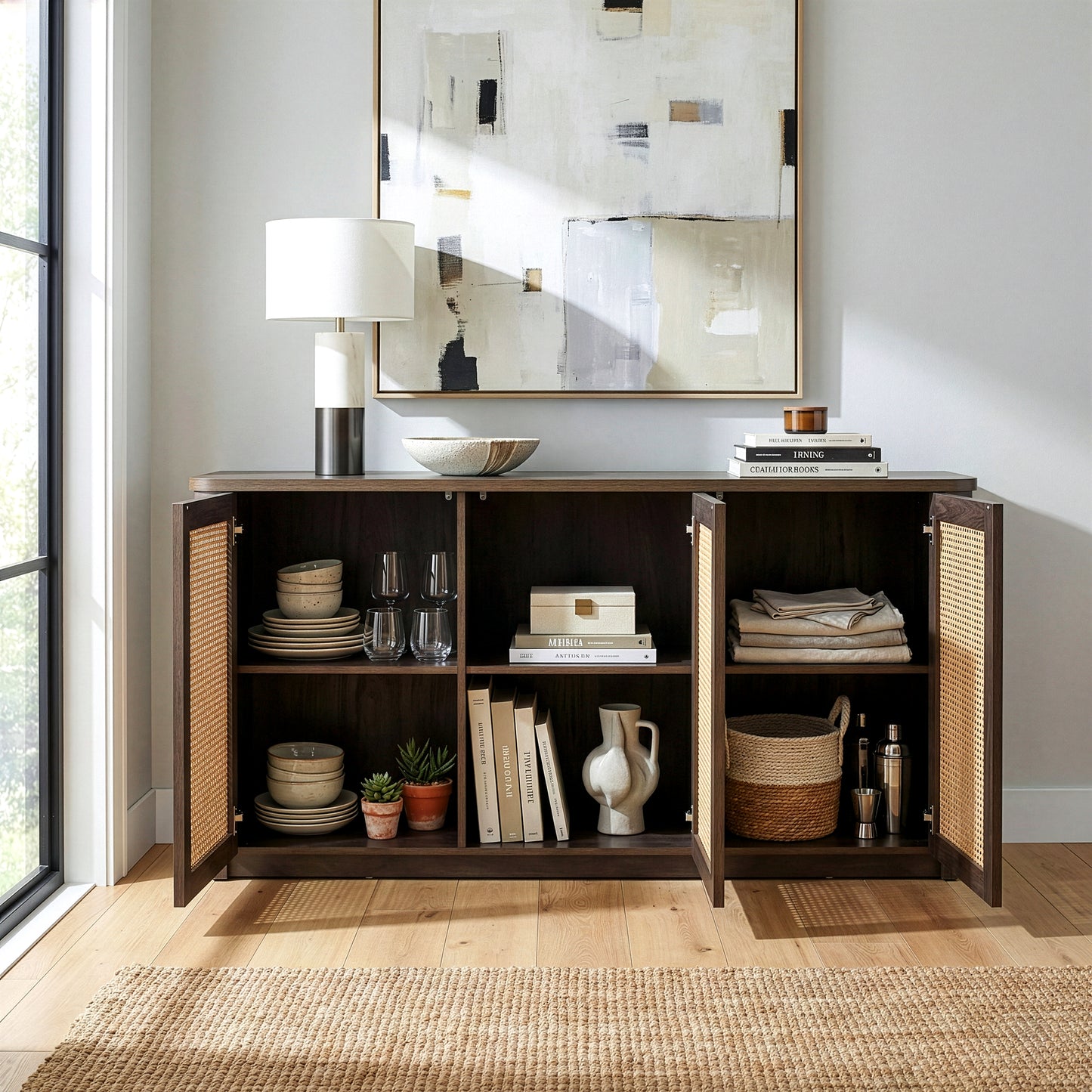 Bistra Brown Three Door Walnut Finish Sideboard with Rattan Doors