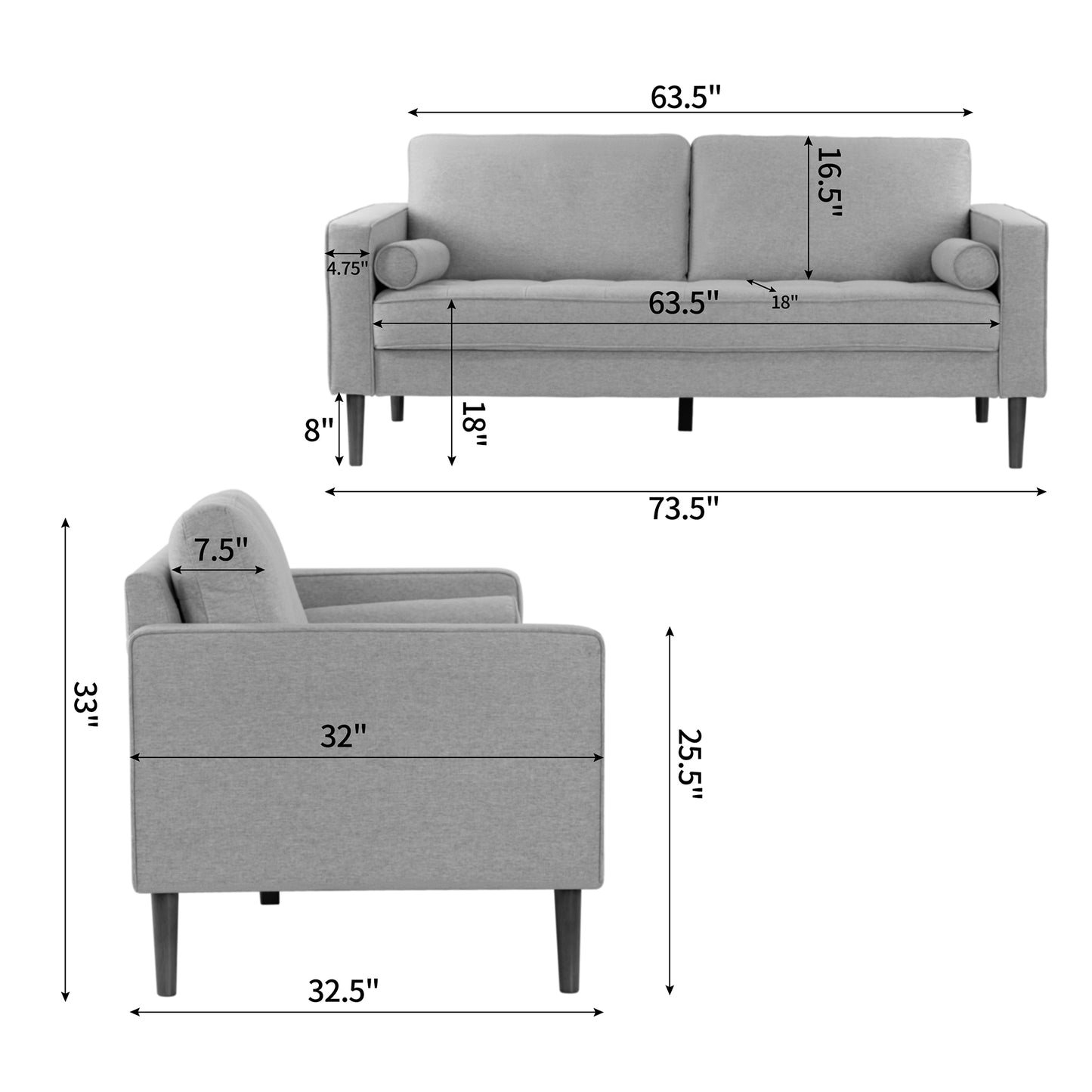 Bisera Beige Twill Tufted Fabric Sofa with Wood Legs