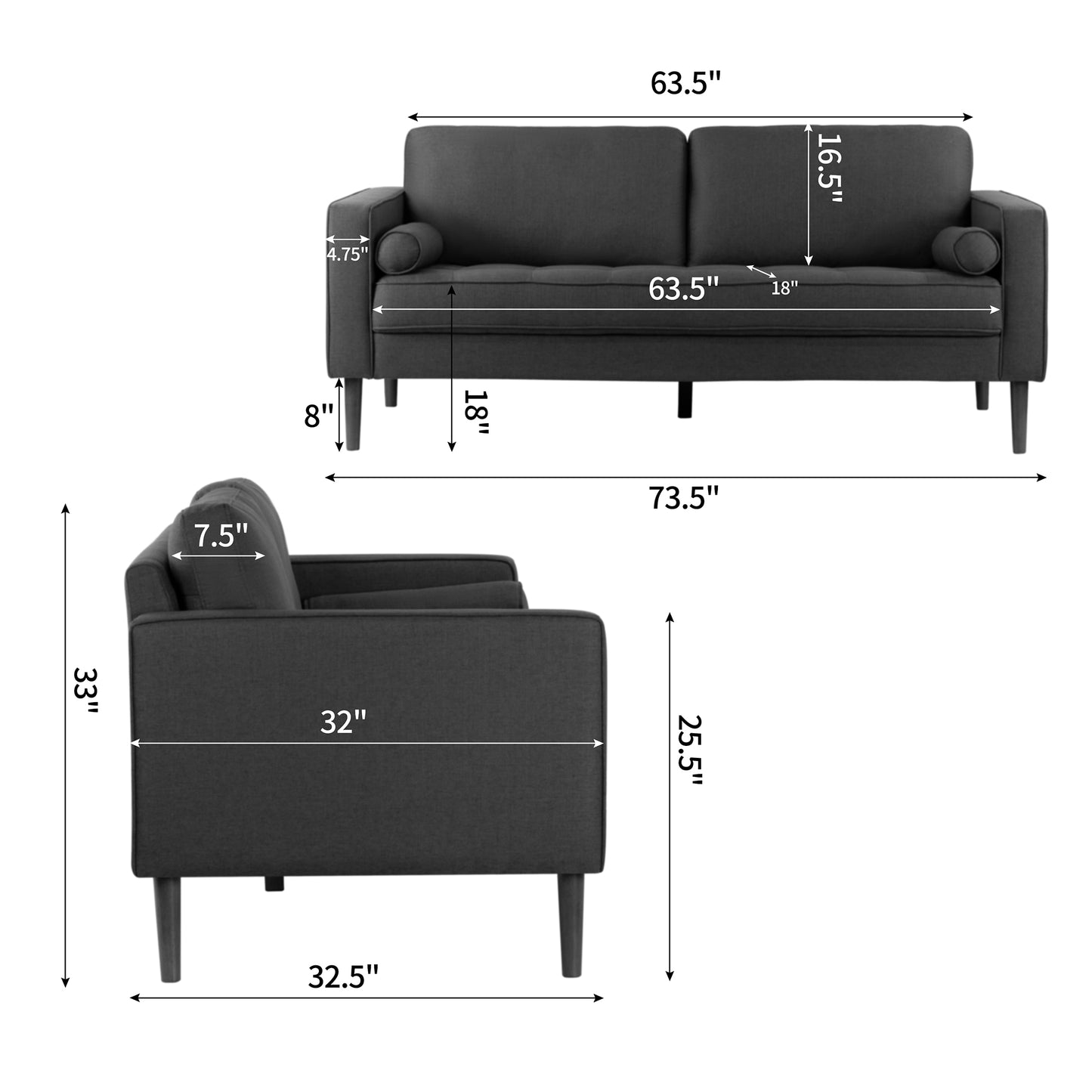Bisera Dark Gray Twill Tufted Fabric Sofa with Wood Legs