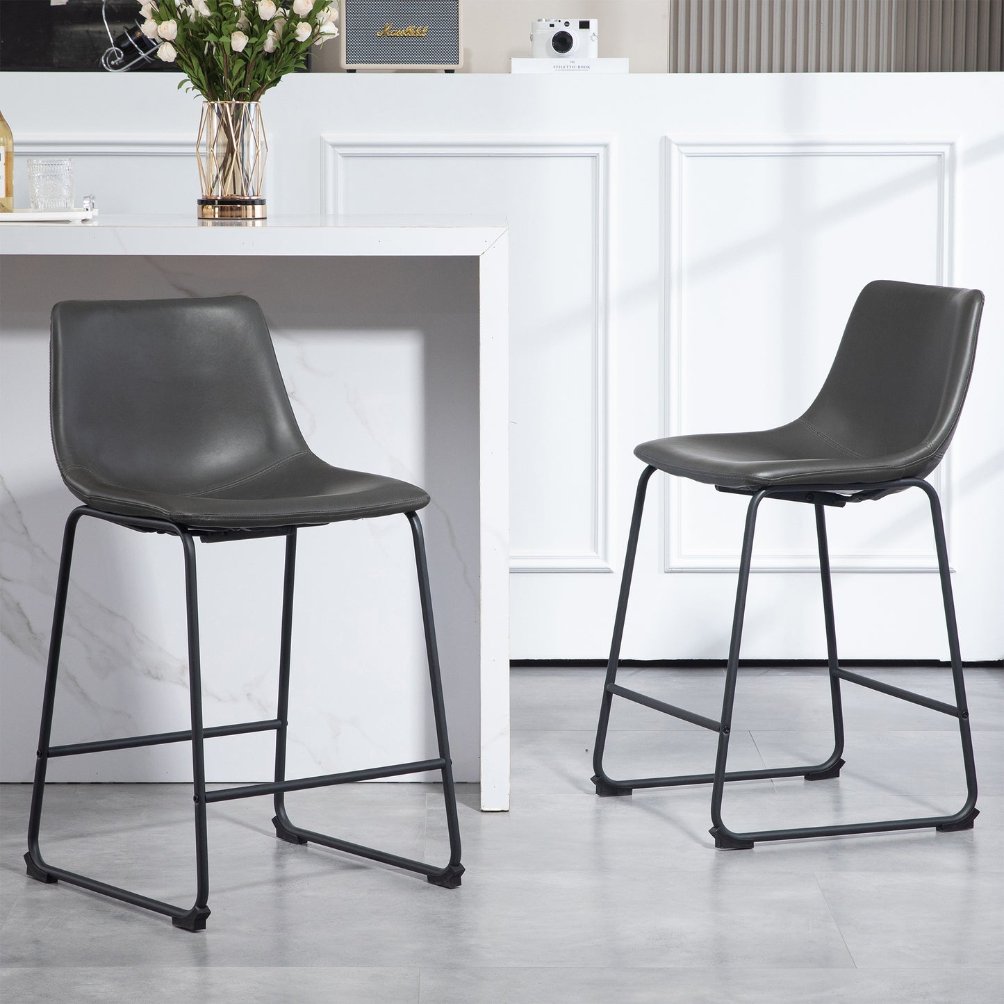Set of 2 Adan Iron Frame Vintage Gray Faux Leather Counter Stool