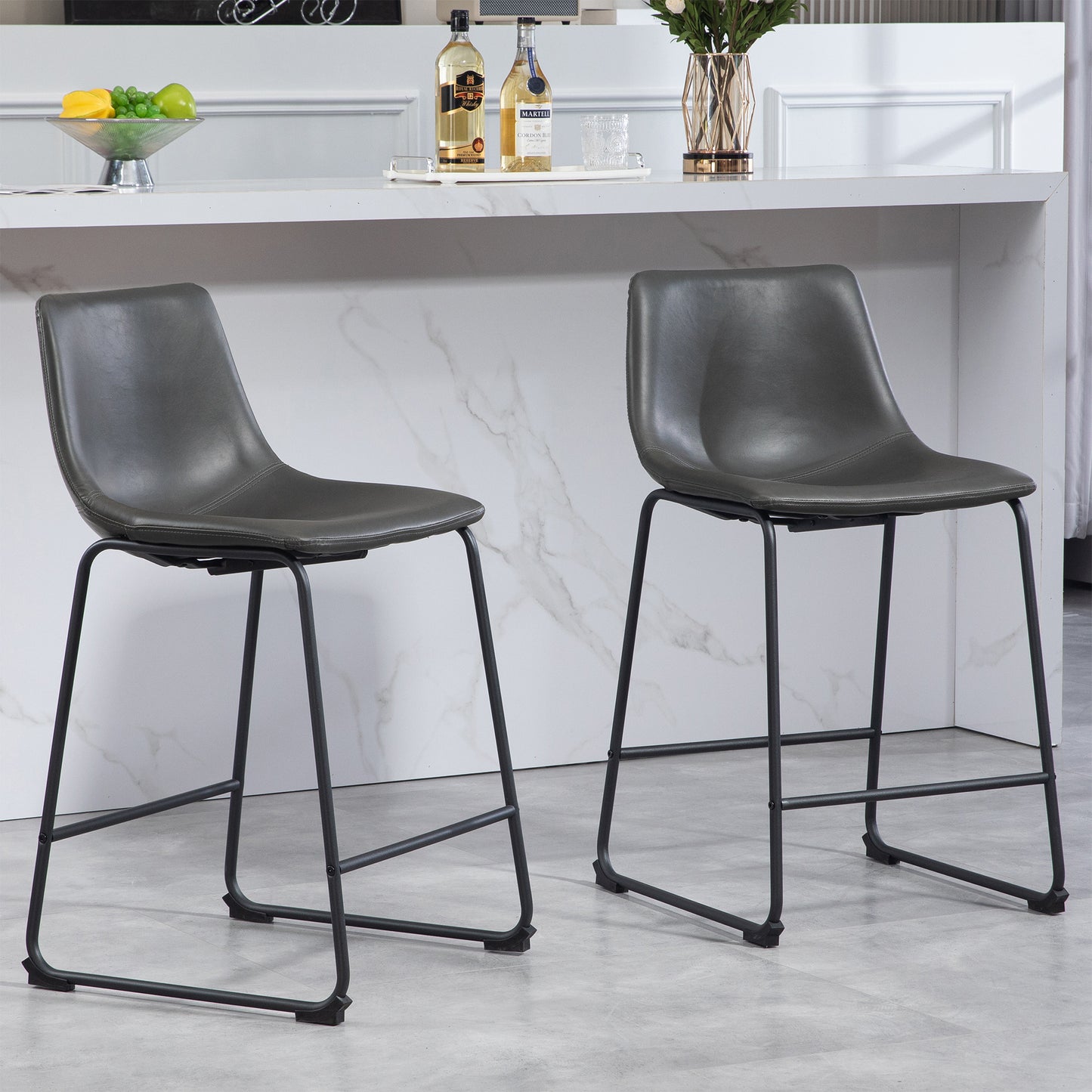 Set of 2 Adan Iron Frame Vintage Gray Faux Leather Counter Stool