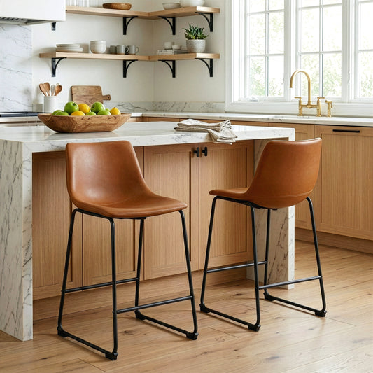 Set of 2 Adan Iron Frame Vintage Cappuccino Faux Leather Counter Stool