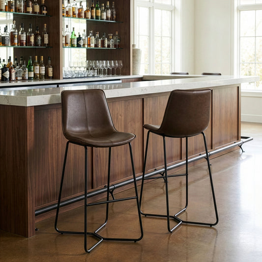 Set of 2 Amery Iron Frame Vintage Brown Faux Leather Bar Stool