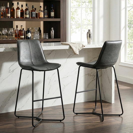 Set of 2 Amery Iron Frame Vintage Grey Faux Leather Bar Stool