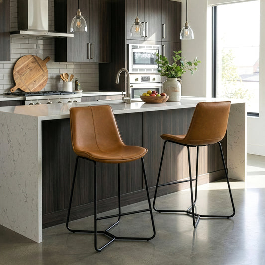 Set of 2 Amery Iron Frame Vintage Cappuccino Faux Leather Counter Stool
