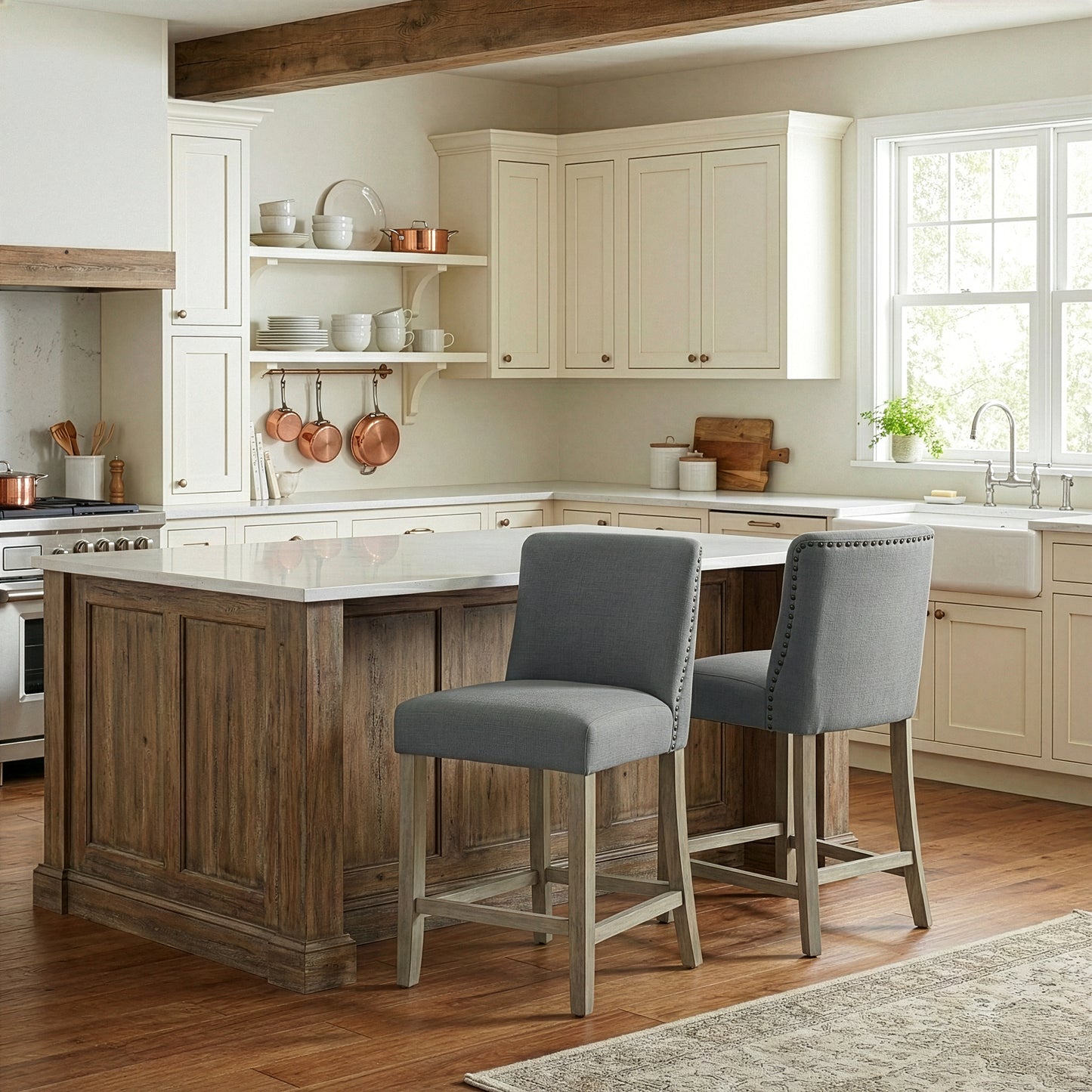 Set of 2 Aleco Grey Fabric Counter Stool with Metal Nail Head Accents