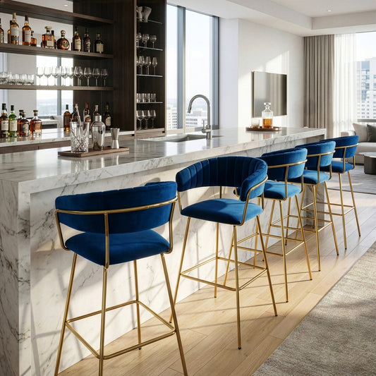Set of 2 Anya Blue Velvet Barstool with Golden Metal Legs