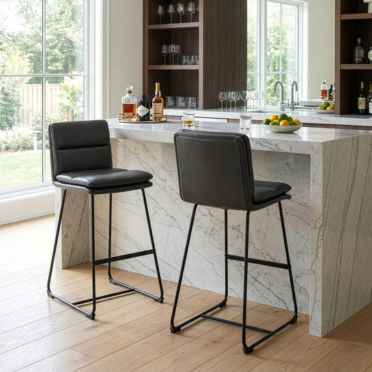 Set of 2 Aulani Grey Upholstered Metal Frame Bar Stool with Puffy Cushions