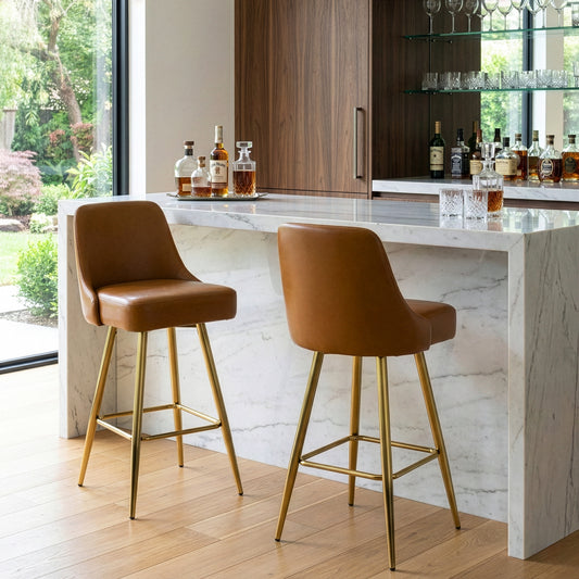 Set of 2 Auren Light Brown Upholstered Metal Frame Bar Stool with Golden Legs