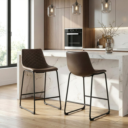 Set of 2 Ave Iron Frame Brown Faux Leather Counter Stool with Stitching