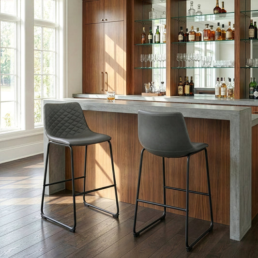 Set of 2 Ave Iron Frame Gray Faux Leather Bar Stool with Stitching