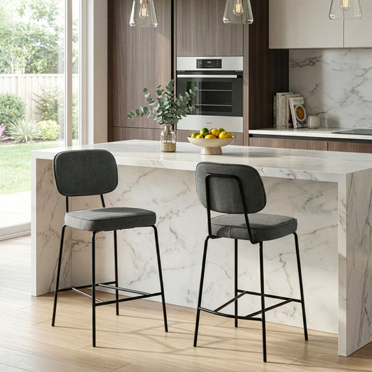Set of 2 Avel Gray Fabric Counter Stool with Black Metal Legs