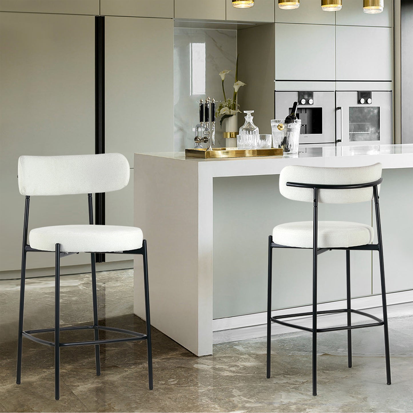 Set of 2 Awen White Boucle Counter Stool with Black Legs