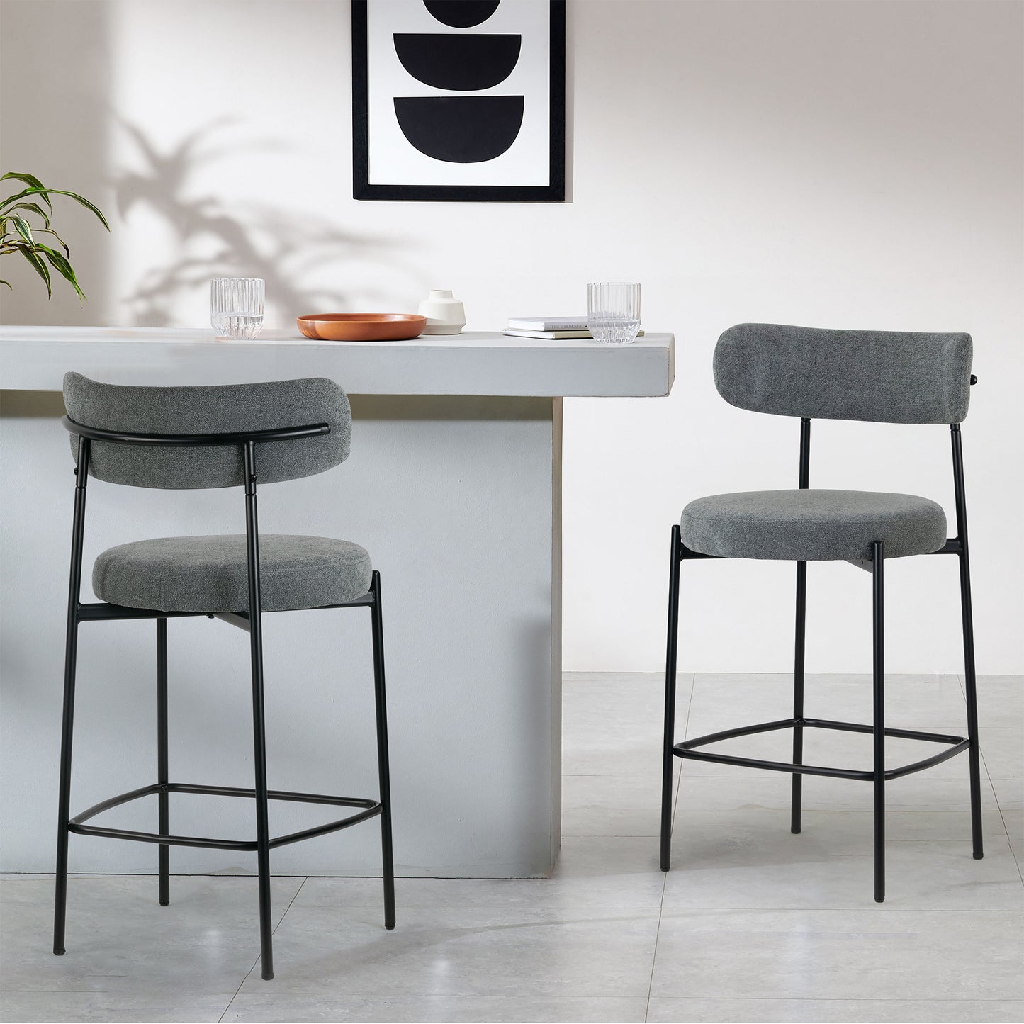 Set of 2 Awen Gray Boucle Counter Stool with Black Legs