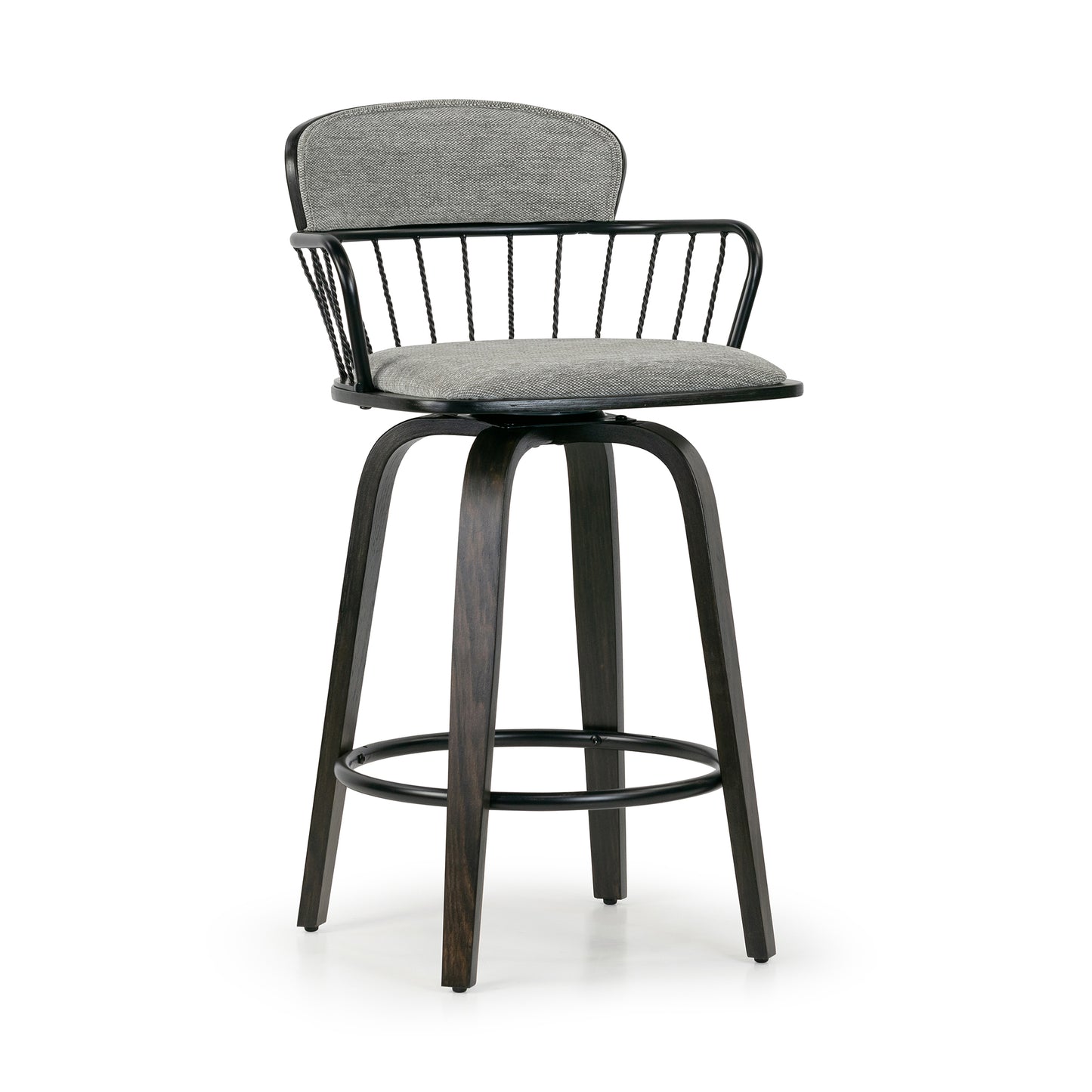 Set of 2 Baker Gray Fabric Counter Stool with Black Iron Back and Wood Legs