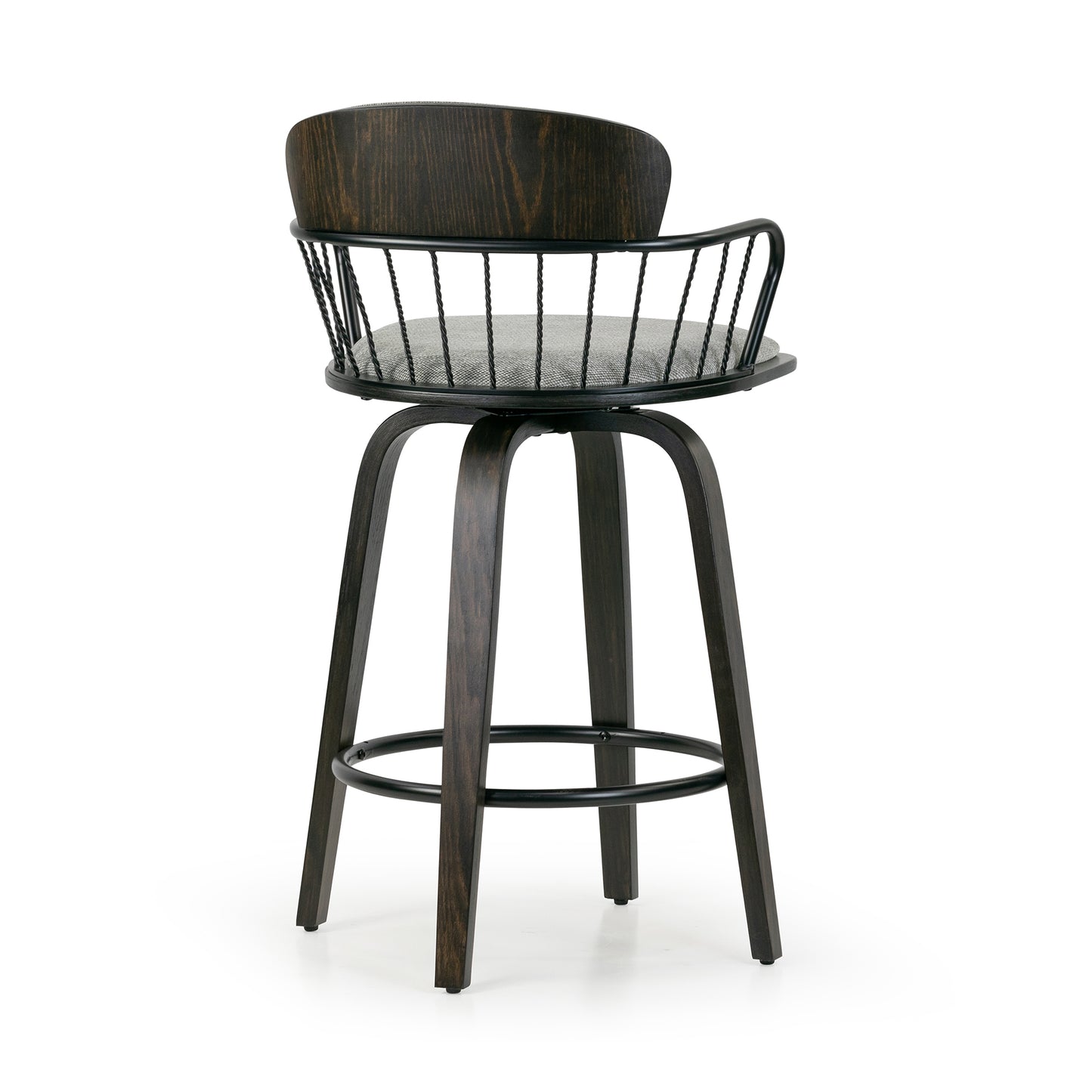 Set of 2 Baker Gray Fabric Counter Stool with Black Iron Back and Wood Legs