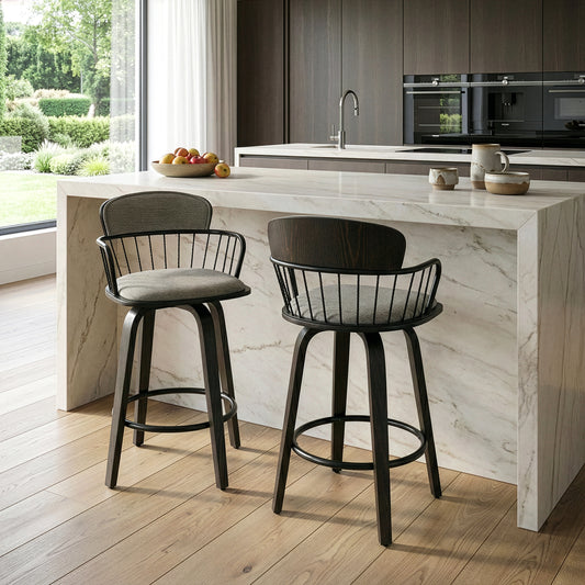 Set of 2 Baker Gray Fabric Counter Stool with Black Iron Back and Wood Legs