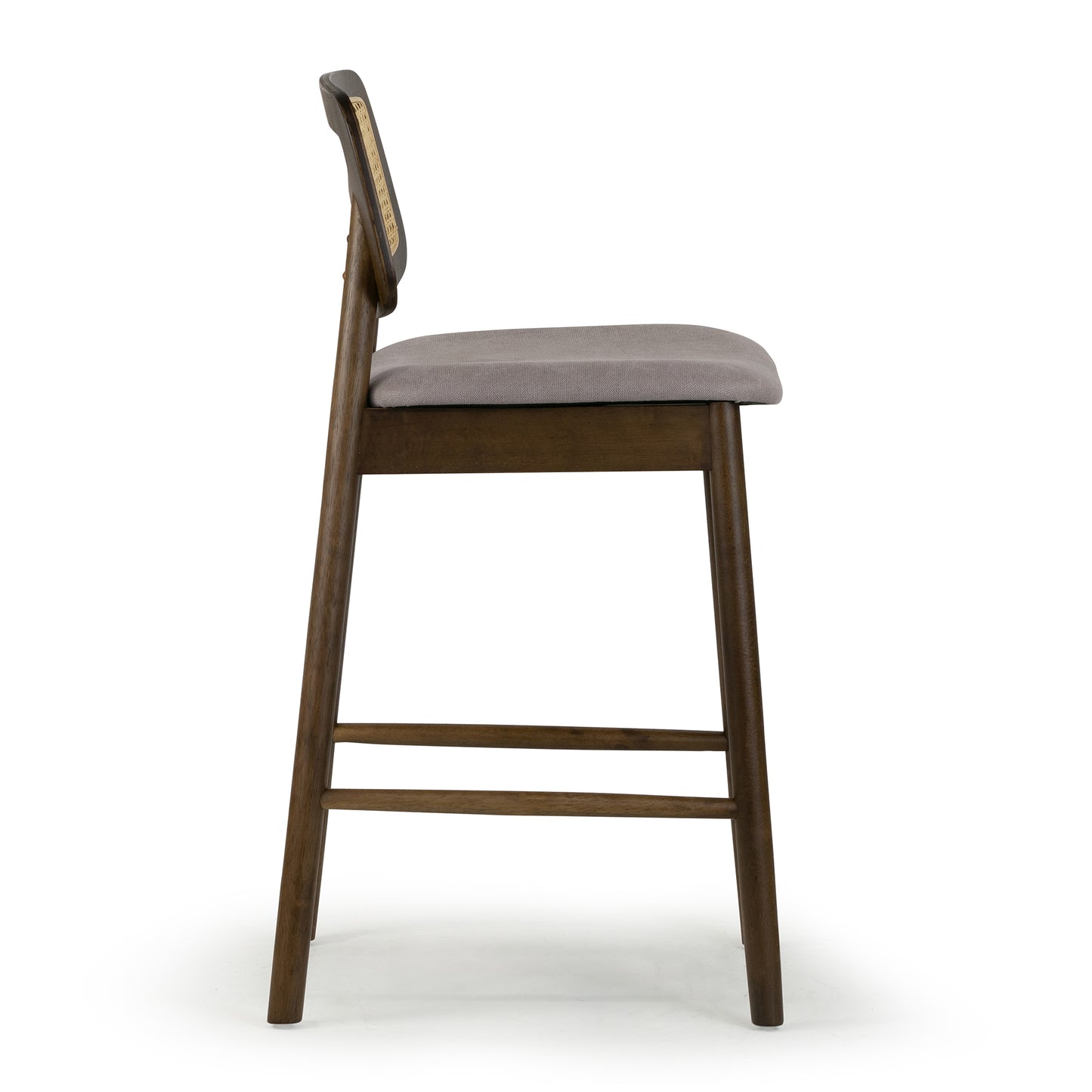 Set of 2 Azuka Gray Fabric Counter Stool with Rattan Back and Walnut Wood Legs