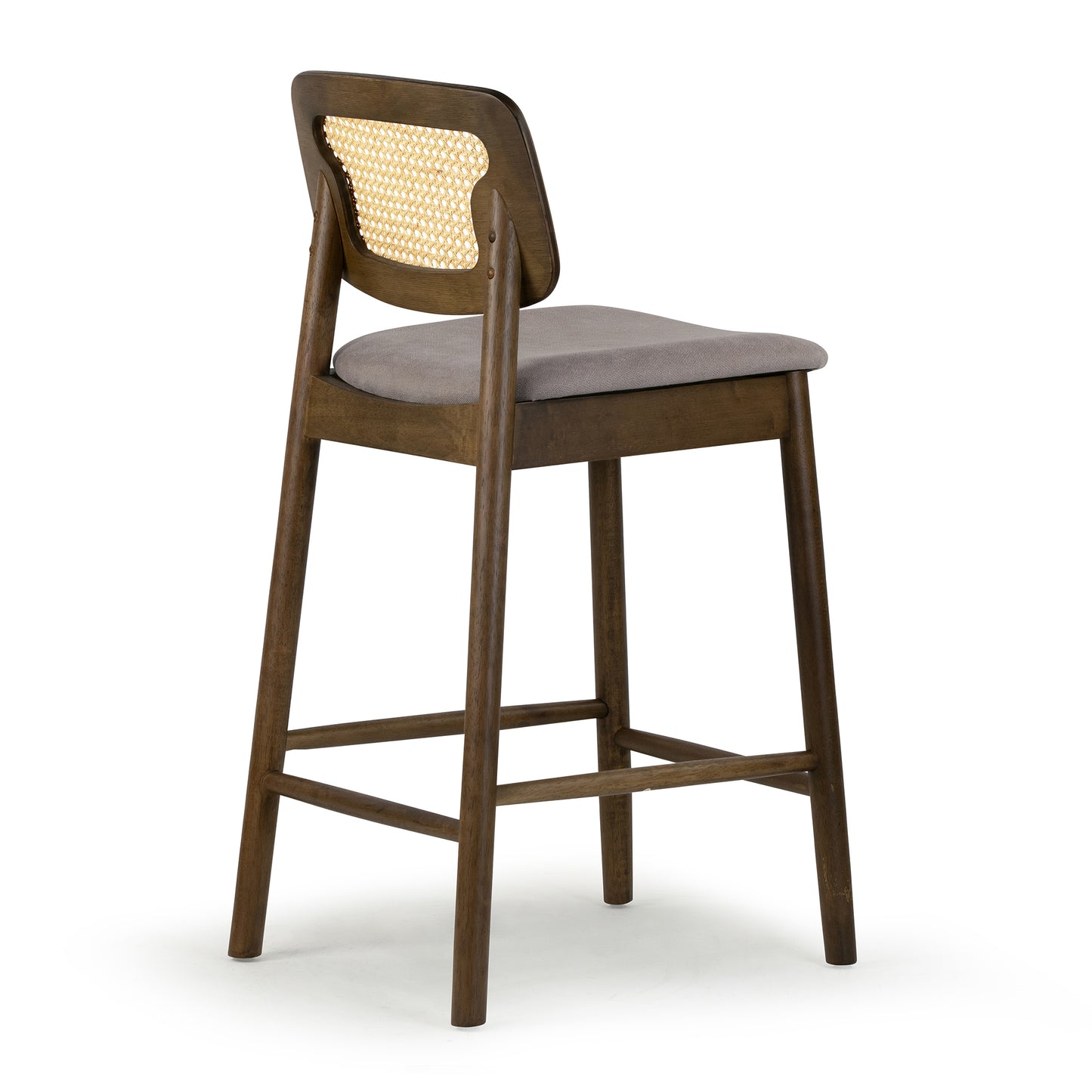 Set of 2 Azuka Gray Fabric Counter Stool with Rattan Back and Walnut Wood Legs