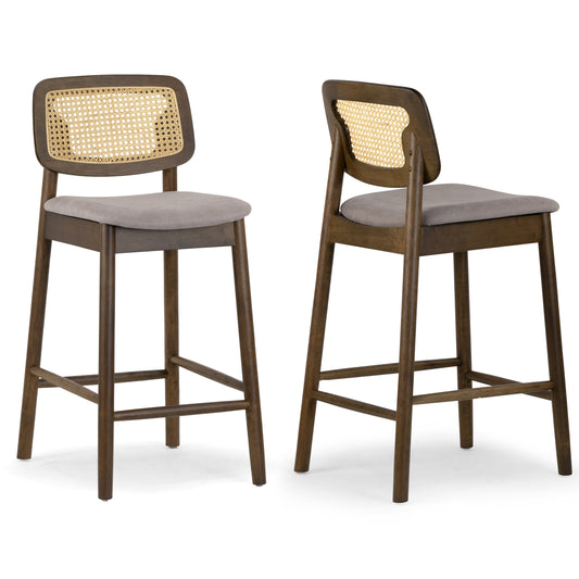 Set of 2 Azuka Gray Fabric Counter Stool with Rattan Back and Walnut Wood Legs