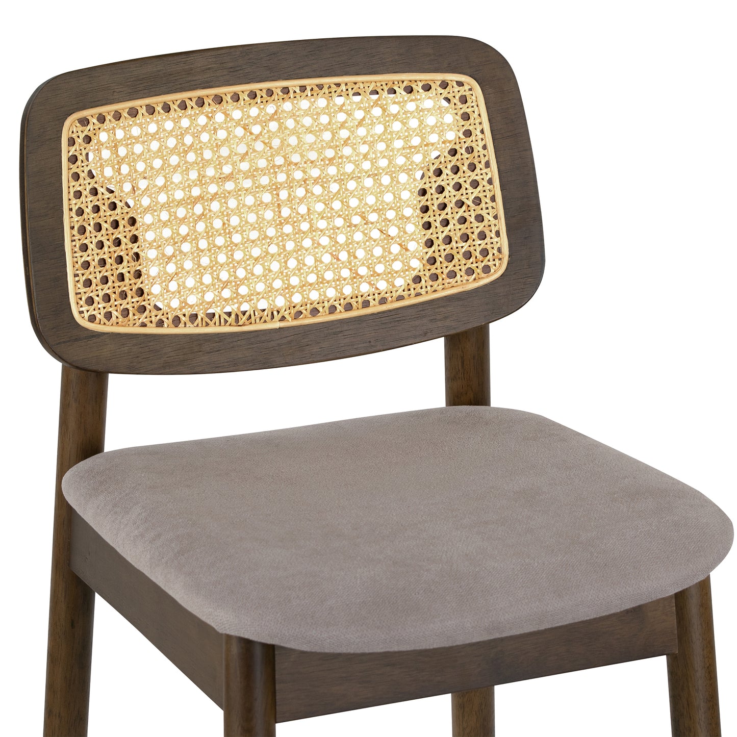 Set of 2 Azuka Gray Fabric Counter Stool with Rattan Back and Walnut Wood Legs