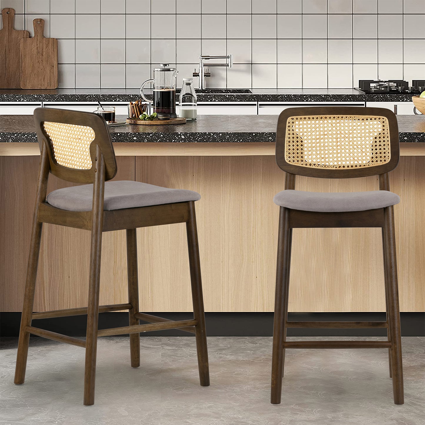 Set of 2 Azuka Gray Fabric Counter Stool with Rattan Back and Walnut Wood Legs